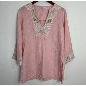 Barbara Gerwit Tunic Top Pink Linen Green Embroidery Beaded Womens Med Coastal